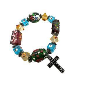 Christmas glass beaded silver tone cross bracelet
